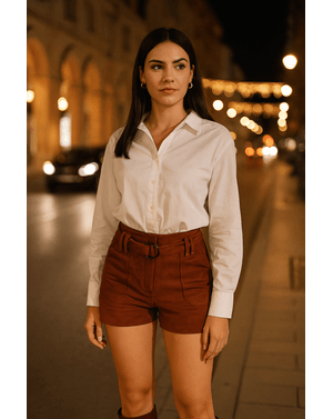 Pantaloni scurti din piele naturala cu fermoar si curea in talie N230423003
