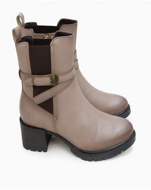 Ghete damă cu toc mediu, piele naturală și material textil N250401009