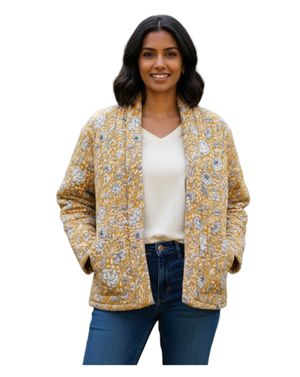 Jachetă damă din bumbac, galben cu imprimeu floral N250127009