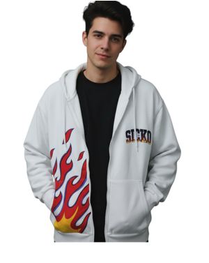 Hanorac unisex alb cu imprimeu flăcări 25YEL18003