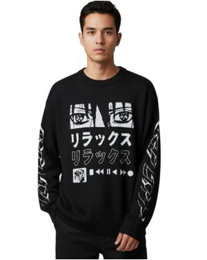 Pulover bărbătesc negru cu imprimeu grafic japonez 25YEL21001