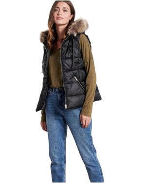 Vestă damă neagră matlasată cu glugă și blăniță 25ALX09024