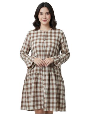 Rochie damă cu carouri maro-bej 24POS47483