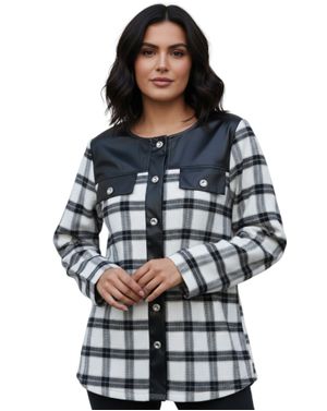 Jachetă damă în carouri alb-negru cu detalii din piele ecologică 25MEX11083