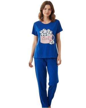 Pijama damă albastră cu imprimeu „Love & Panda” 25MUR20002