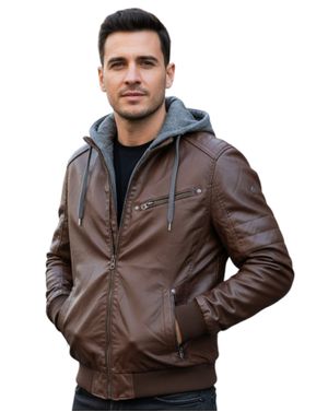 Geacă Bărbați din Imitatie de Piele, cu Glugă Textilă 25ALX09001