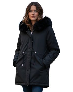 Geacă damă neagră cu glugă și blană ecologică 25MNB22002