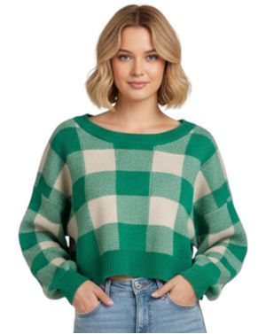 Pulover damă verde cu carouri, croi scurt 25MNB14013