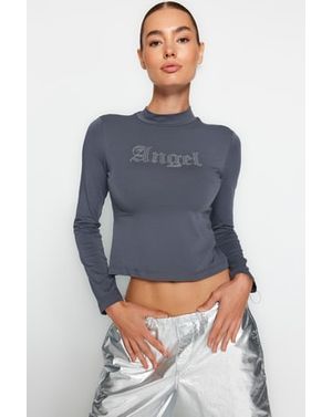 Bluza din bumbac cu strasuri si guler 25KKW02896