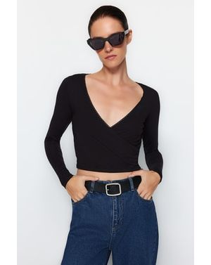 Bluza crop din bumbac cu decolteu in V 25KKW01K68