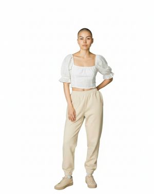 Bluză Damă Crop Top Albă cu Broderie și Mâneci Bufante 24POS47K25