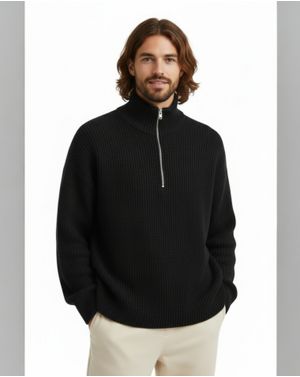 Pulover Bărbați Negru Tricotat cu Guler Înalt și Fermoar 25SMA03010