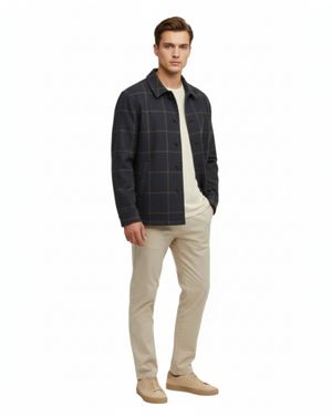 Jachetă Bărbați Albastru Marin în Carouri cu Guler Clasic și Nasturi 25SMA03016