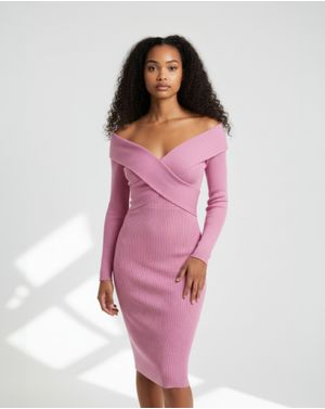 Rochie Damă Roz Tricotată Midi cu Umerii Goi 24POS47409