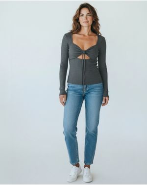 Bluză Damă Gri Antracit Striată cu Decolteu 24POS47K22