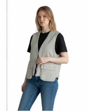 Vestă Damă Bej din Bumbac cu Buzunare Mari și Fermoar 25MEX17040