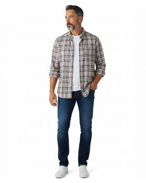 Cămașă Bărbați în Carouri Bej din Bumbac Elastic 25MEX17044