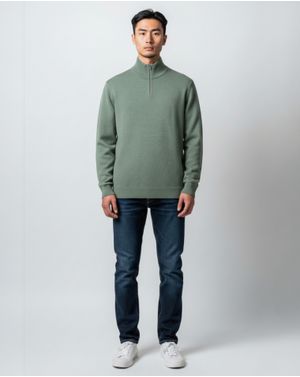 Pulover Bărbați Verde Salvie cu Fermoar și Guler Înalt 25SMA03034