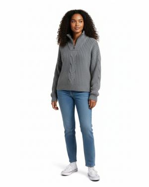 Pulover Damă Gri Tricotat cu Lână și Fermoar la Gât 25MKF04008