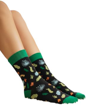 Șosete damă cu imprimeu frunze – Negre cu verde 25TAI20008