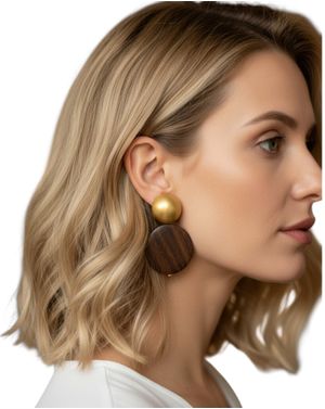 Cercei statement cu disc din lemn și element metalic auriu 25TAI35025
