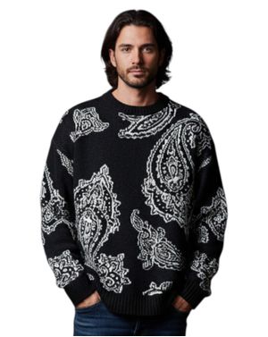 Pulover bărbați cu model paisley alb pe fond negru 25SMA03045