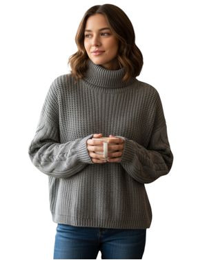Pulover de Damă Gri Antracit, Guler Înalt și Mâneci cu Torsade 25MKF10005