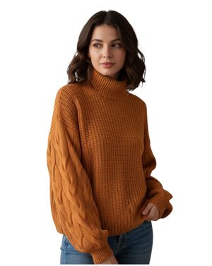 Pulover de Damă Ocru, cu Guler Înalt și Mâneci cu Torsade 25MKF10006