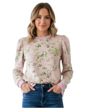 Bluză de Damă Roz cu Imprimeu Botanic, Mâneci Bufante N251019001