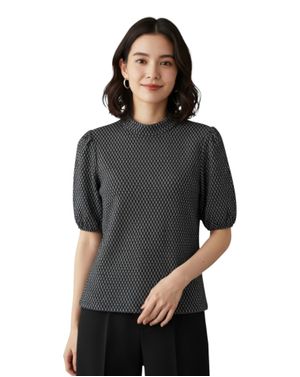 Bluză de Damă cu Model Geometric, Guler Semiclinal și Mâneci Bufante N251016002