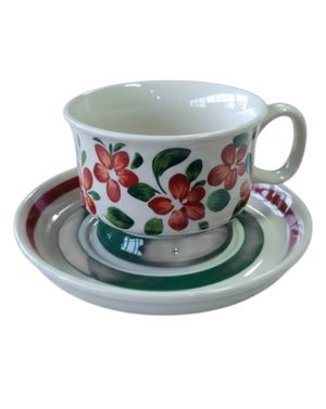 Ceașcă cu farfurioară din ceramică, model floral verde 25TAI29003