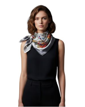 Eșarfă pătrată multicoloră cu imprimeu artistic și bordură gri 25TAI22063