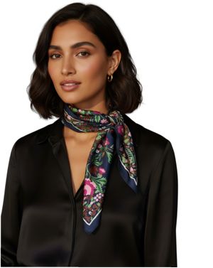 Eșarfă albastră în colțuri cu imprimeu floral bogat 25TAI22071