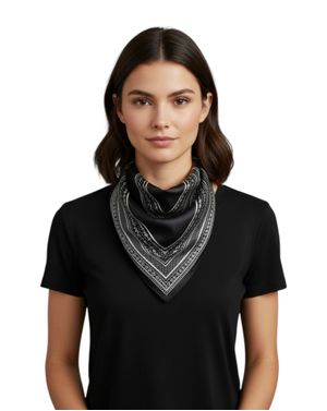 Eșarfă neagră în colțuri cu model ornamental alb 25TAI22073