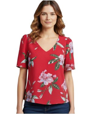 Bluză de damă roșie cu imprimeu floral și decolteu în V 24POS47K96