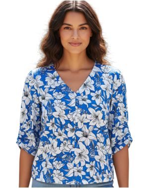 Bluză de damă albastră cu imprimeu floral și nasturi 24POS47L10