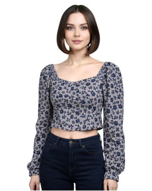 Bluză de damă maro cu imprimeu floral și aspect încrețit 24POS47M22