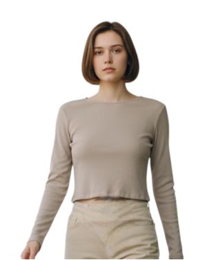 Top damă bej crop cu mâneci lungi 24POS47085