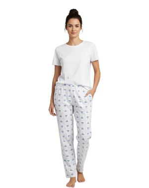 Pantaloni pijama damă albi din bumbac cu imprimeu fundițe albastre 26MUR06013