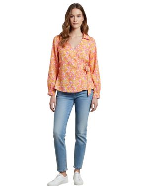 Bluză damă galben-portocaliu cu imprimeu geometric retro și cordon lateral N250526003