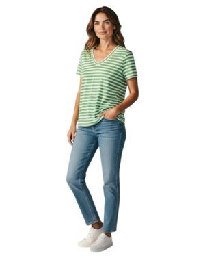 Tricou damă verde cu dungi albe și decolteu în V N260233002